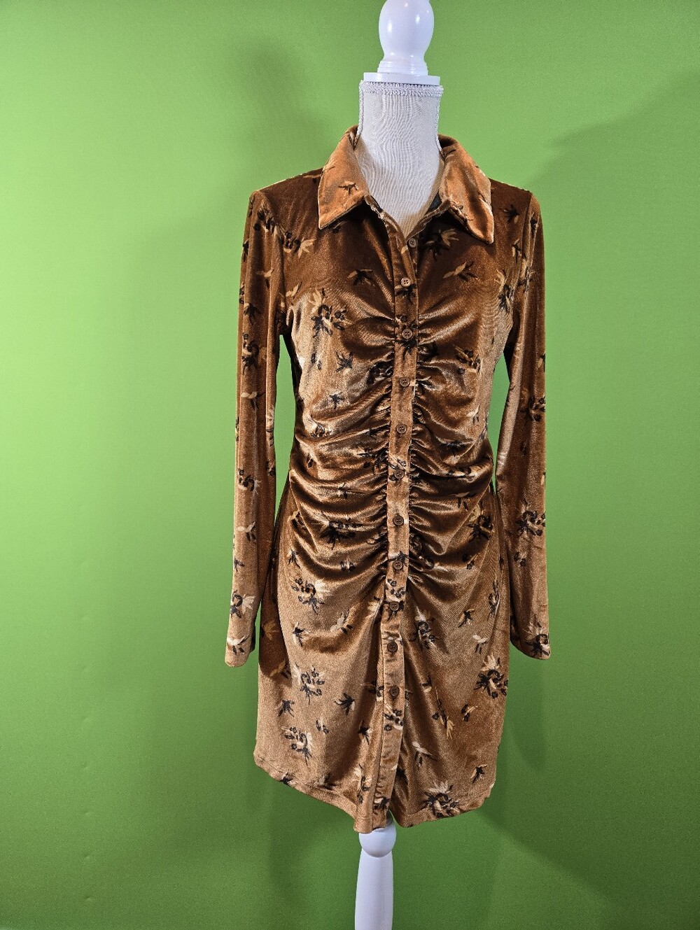 House of Harlow 1960 Velvet Ruched Mini Dress Brown Floral Long Sleeve MEDIUM - Picture 5 of 11